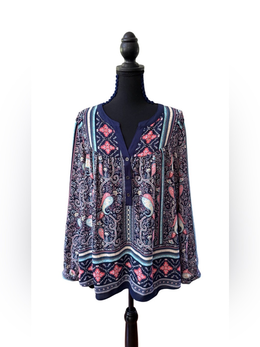 DR2 Navy Paisley Button-Front Peasant Tunic